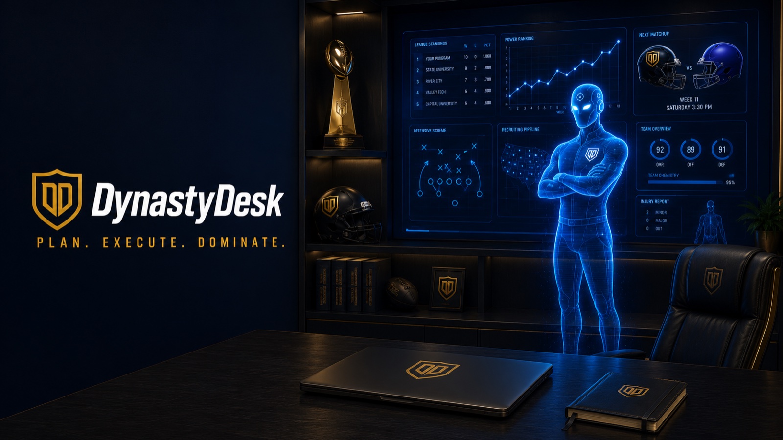 The DynastyDesk football operations command center — Al with live standings, power ranking, next matchup, and team overview