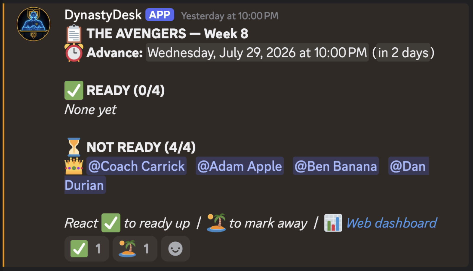 The DynastyDesk Discord status board — who's ready to advance the week